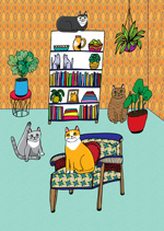 greeting card for a cat lover with cats in the lounge room doing different things one is on a chair one is sitting with its leg up one is up high on a bookshelf and one is hiding behind a plant cute cat illustration