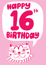 Pink Cat Happy 16th Birthday 